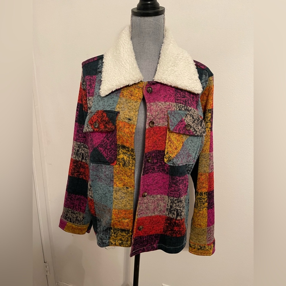 Bibi Multi- Colored Jacket with Faux Fur Collar. Size L